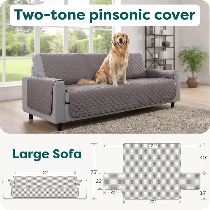 FurHaven Water-Resistant Sofa Cover for Dogs & Cats, Reversible Couch Protector with Secure Straps and Pinsonic Quilted Fabric, Machine Washable Couch Cover, Large Sofa, Gray Mist