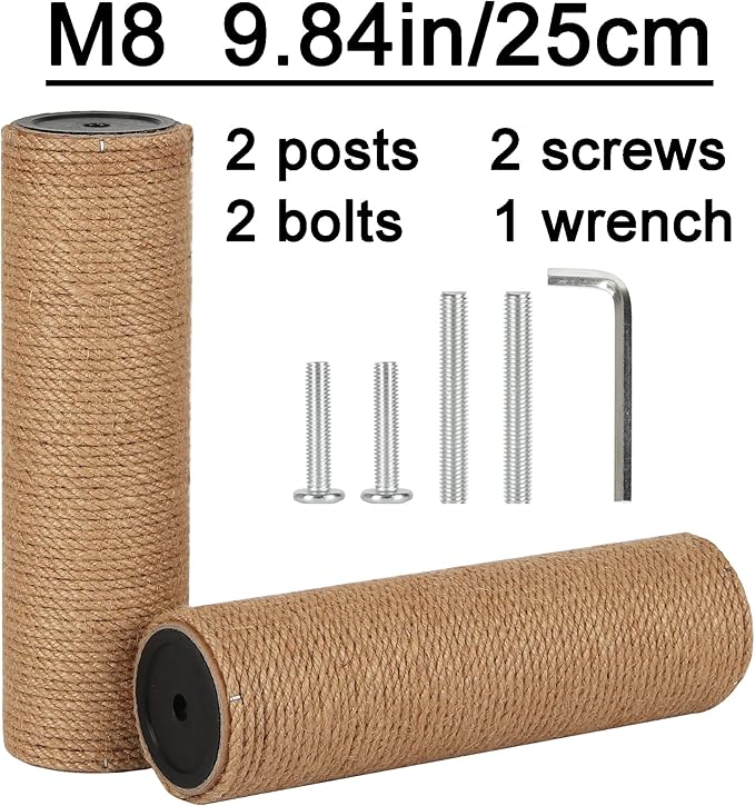 7.4cm 2.91in Diameter Cat Tree Scratching Post Replacement Jute Pole Parts for Cat Tower (9.84in/25cm, M8*2poles)