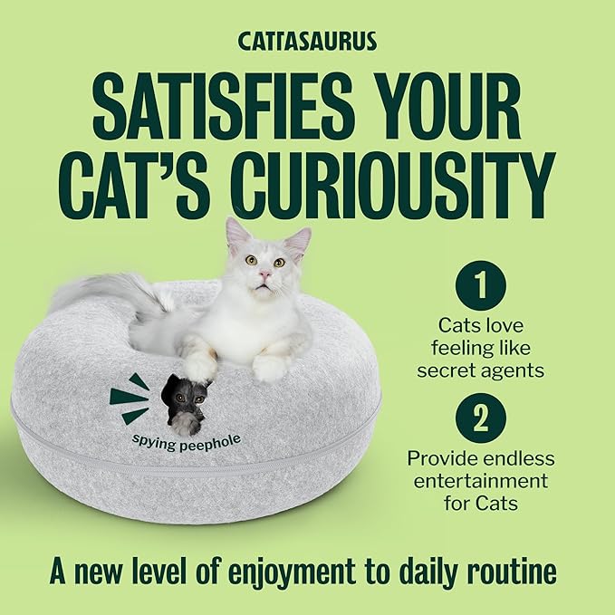 Cattasaurus Peekaboo Cat Cave Donut for Multiple & Large Cats up to 30-45 lbs, 3-in-1 Self Warming Cat Bed, Tunnel & Scratcher for Indoor Cats, Washable & Detachable Small Dog Bed (Light Gray, Jumbo)
