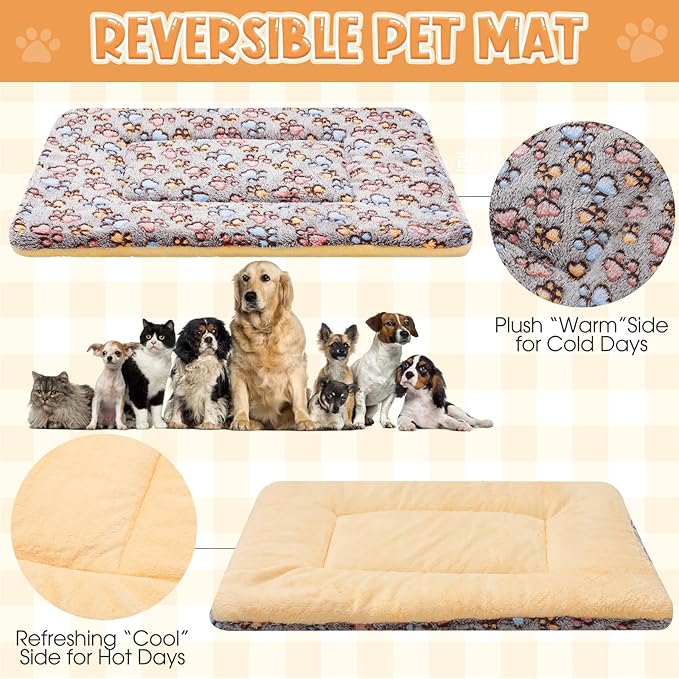 2 Pack Self Warming Cat Dog Bed Pet Mat 27" x 19" Soft Thermal Dog Pad with Cute Prints Reversible Washable Thickened Crate Mat for Indoor Outdoor Kittens Small Pets Feral(Brown)