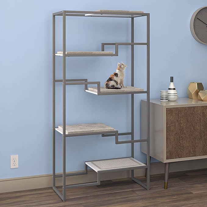 The Refined Feline 62 Inch Tall Metropolitan Cat Condo, Gray Metal Frame Cat Tower, Multi-Level Modern Cat Tree for Indoor Cats, White Platforms with Gray Replaceable Cushions & Scratching Post