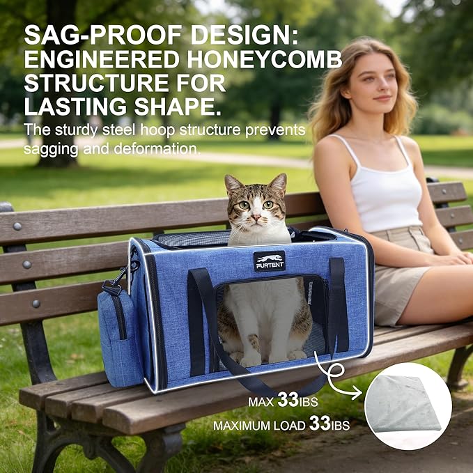 Soft Sided Cat Carrier Airline Approved up to 15lbs, 17x11x9.5 Inch Ventilated Pet Travel Bag with Foldable Litter Box & Storage, Portable Cat Transport Carrier for Flights Car Vet Blue