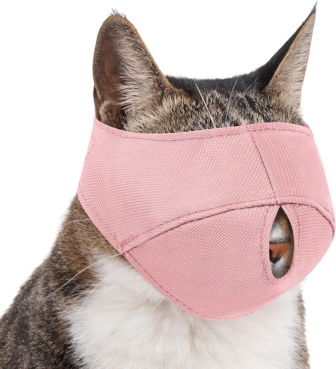 BARKLESS Cat Calming Muzzle for Grooming & Nail Trimming, Oxford Muzzle with Shading Design to Help Calm the Cat Down, Soft Head Cover to Prevent Biting & Scratching (Pink, S)