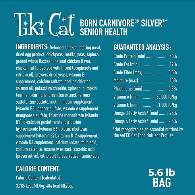 Tiki Cat Born Carnivore Silver Senior Health Dry Cat Food for Senior Cats, Non-GMO, 5.6 lbs. Bag