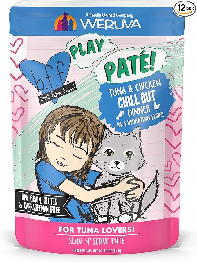 Weruva B.F.F. Play - Best Feline Friend Paté Lovers, Aw Yeah!, Tuna & Chicken Chill Out with Tuna & Chicken, 3oz Pouch (Pack of 12)