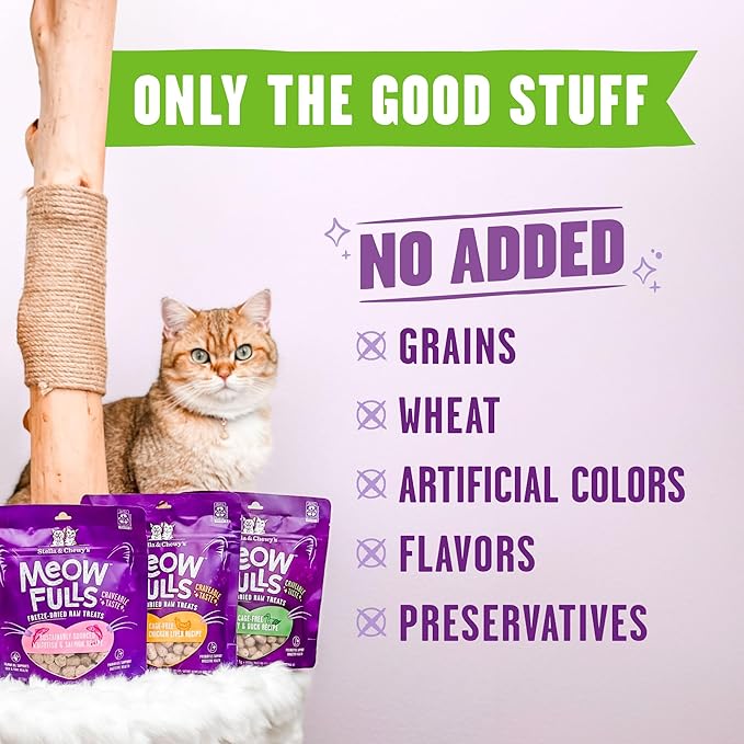 Bundle of Stella & Chewy's Meowfulls Freeze Dried Cat Treats Chicken & Chicken Liver RecipeTurkey & Duck Recipe, Whitefish & Salmon Recipe, 1.5 oz Bag