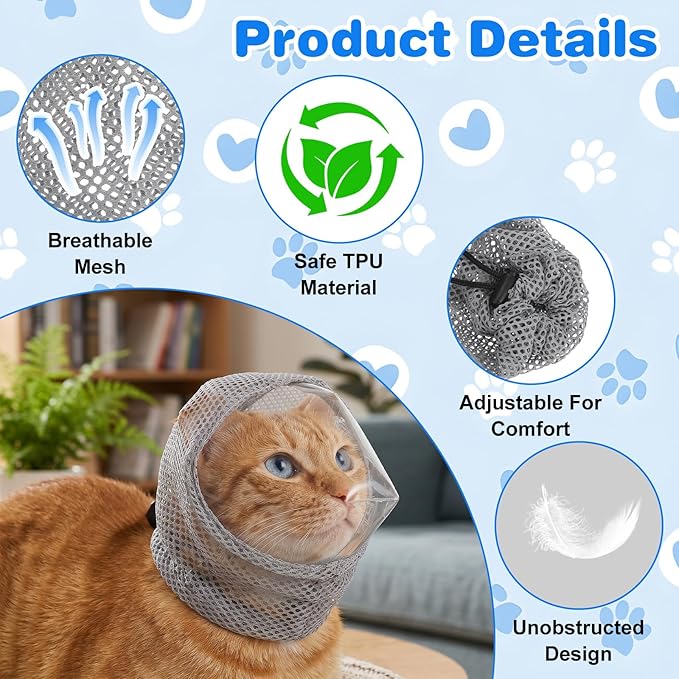 Adjustable Cat Muzzle for Grooming Biting Prevention Breathable TPU Cats Pet Head Cover Cats Helmet for Grooming with Transparent Anti-Bite Bubble Muzzle for Nail Trimming Bathing Vet Visits(M)