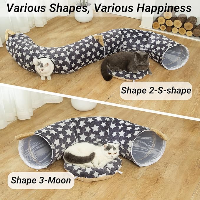 Large Cat Tunnel Bed Under Christmas Tree with Fluffy Toy Balls, Small Cushion and Flexible Design- 10 inch Diameter, 3 ft Length- Great for Cats, and Small Dogs, Gray Star Pattern