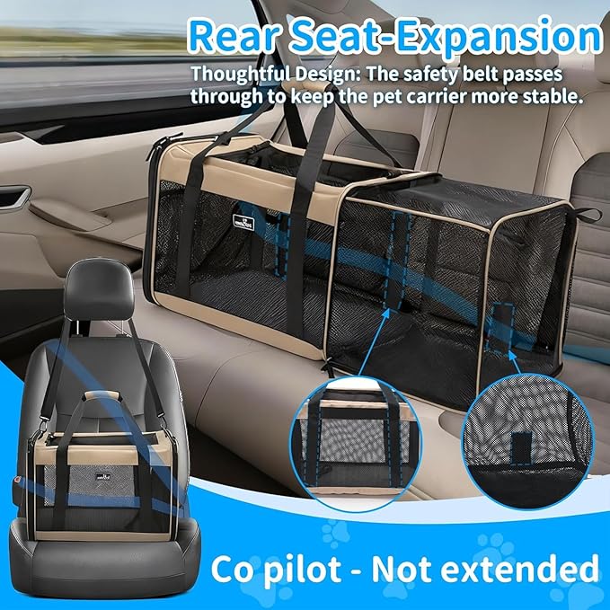 Wakytu Expandable Pet Carrier for Dogs & Cats, Large Travel Bag with 5 Mesh Windows, 2 Entrances, Locking Zippers & Padded Straps,L