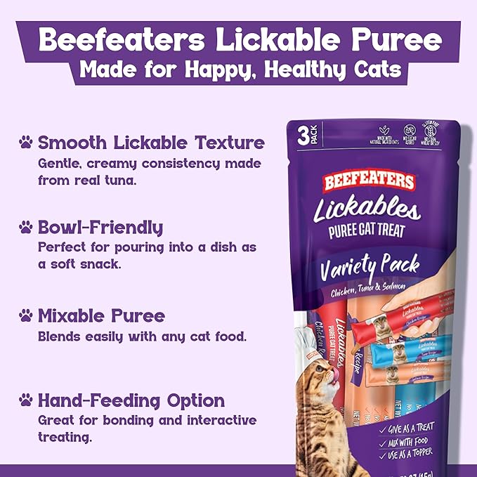 Beefeaters Variety Pack Pure Cat Treats 1.59oz (12 Pack) | Lickable Squeeze Tube Treats, Grain-Free, No Added Sugar, Taurine-Enriched, Ideal for Bonding, Seniors, Toppers & Everyday Treating