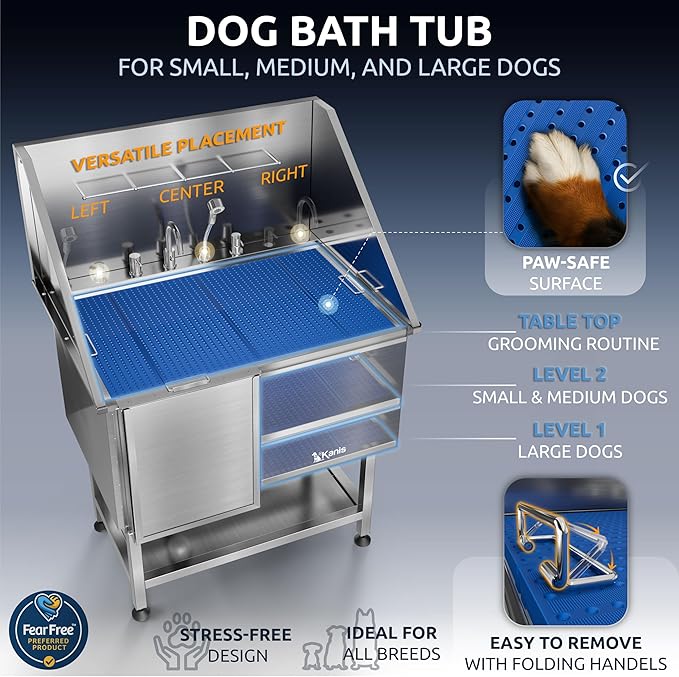 KANIS Professional Dog Washing Station 304 Stainless Steel Pet Wash Sink & Grooming Bathtub w/Shower, Floor Grates and Storage for Large, Medium & Small Pets (Silver, 40 Inches, Left Ramp, Shelf)