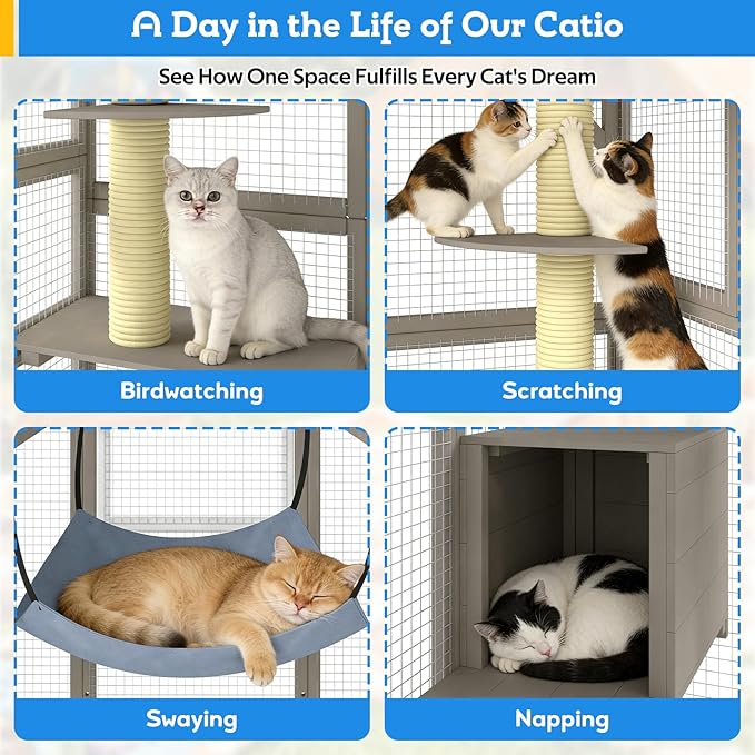 Catio Outdoor Cat Enclosure with Window Access, Large Walk in Cat House Outdoor Kitty Cage with 7 Jumping Platforms, Scratching Posts, Hammock, Slide & Clean Litter Box Access