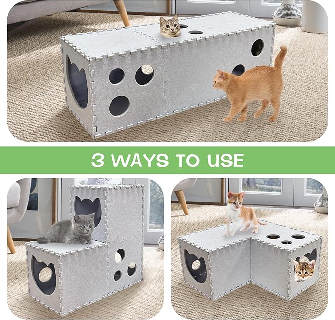 Fhiny Cat Tunnel for Indoor Cats, 14 PCS Felt Peekaboo Cat Cave with Interactive Peep Holes Foldable Kitten Play Tubes & Tunnels Cat Hideaway Cave Soft Felt Toys for Small & Medium Cats Up to 10lb