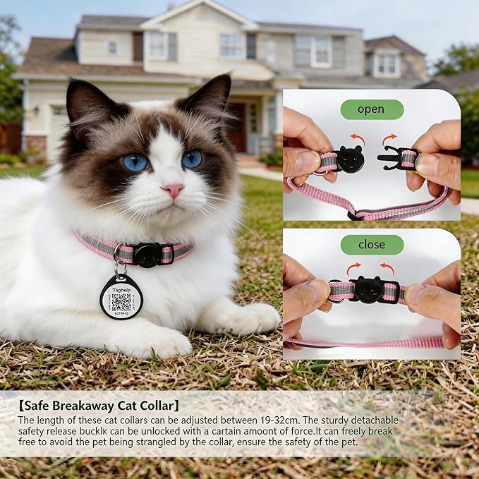Reflective Cat Collar Breakaway with QR Code Tag for Girl Boy cat Name tag Kitten Collars with Bell Cat ID Tag Personalized Real-time scan alerts. (Pink)