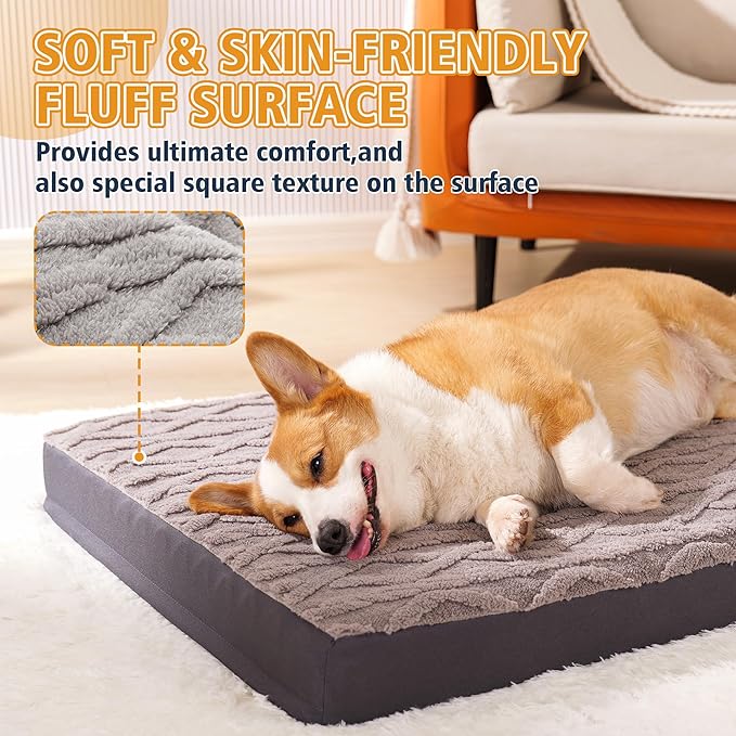 Orthopedic Dog Beds for Medium Dogs – Waterproof Plush Pet Mattress with Removable Washable Cover, Non-Slip Bottom, Memory Foam Dog Bed for Crate, 30x20 Inch, Grey