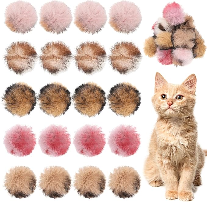 20 PCS Fuzzy Balls for Cats, 1.2 Inch Cat Toy Ball, Soft Fluffy Cat Pom Pom Balls, Artificial Faux Fur Puff Ball for Kitten Interactive Playing Exercising Chasing Indoor