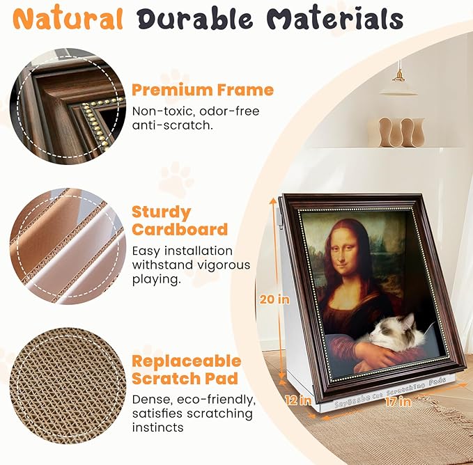 Mona Lisa Cat Bed Painting Cat Scratcher Bed CartBoard Cat House for Indoor Cats Half-Surround Design W/Horizontal Cat Scratcher Scratching Board W/Catnip(Mona Lisa, Frame Pre-Taped)