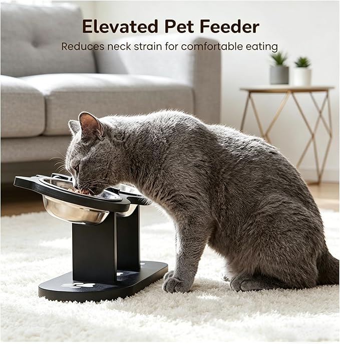 2026 New Anti-Slip Elevated 3-Bowl Pet Feeder, Cat Bowls With Stand Tilted, Stainlesssteel Cat Feeding Station, Ergonomic Elevated Cats Bowls With Wooden Base, Pet Feeding Station For Food & Water (E)