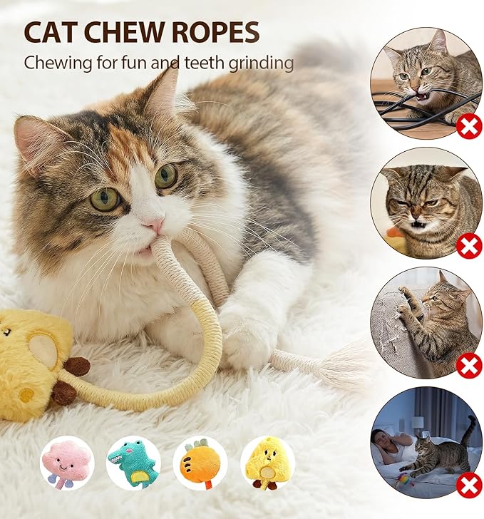 Shudyear 4 Pack Cat Chew Rope Toys, Cotton Cat Rope Toy for Biting and Kicking, Durable Interactive Cat Toy for Indoor Cats Kittens & Adult Cats