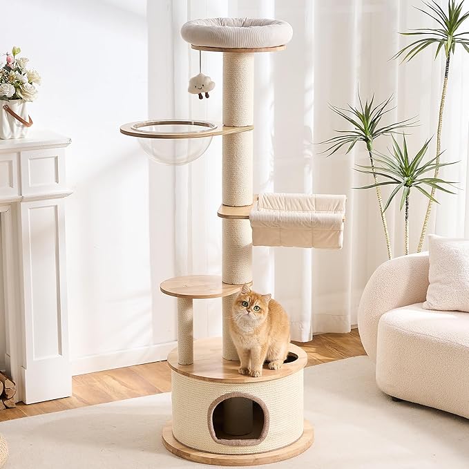 797Audio Modern Wood Cat Tree Tower, 64" Cat Tree with Sisal Scratching Posts, Condo, Capsule, Hammock for Indoor Cats, Solid Rubber Wooden Cat Tree, Multi-Level Tree for Large Adult Cat