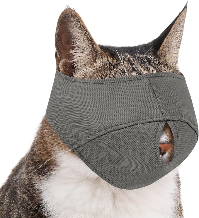 BARKLESS Cat Calming Muzzle for Grooming & Nail Trimming, Oxford Muzzle with Shading Design to Help Calm the Cat Down, Soft Head Cover to Prevent Biting & Scratching (Grey, S)