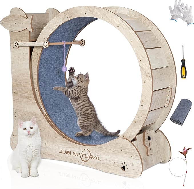 Cat Exercise Wheel for Indoor Cats, 43" Interactive Cat Running Wheel with Scratching Board, Teaser Toy & Storage Shelf, Quiet Carpet Track, Safety Lock, Anti-Pinch Cat Treadmill for Energy Release