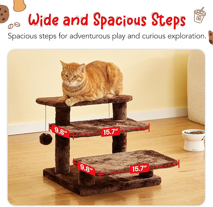 15''H Multi-Step Pet Stairs for High Beds & Sofas, 3-Step Cat Stairs with 2 Toy Balls, Wide Boards for Indoor Kittens Dogs Pets Climbing, Brown