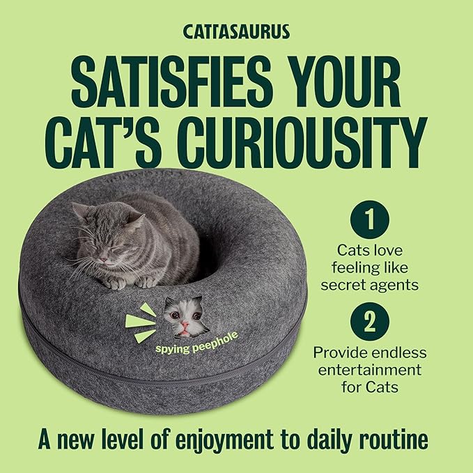 Cattasaurus Peekaboo Cat Cave Donut for Multiple & Large Cats up to 30-45 lbs, 3-in-1 Self Warming Cat Bed, Tunnel & Scratcher for Indoor Cats, Washable & Detachable (Dark Gray + Dark Gray, Large)