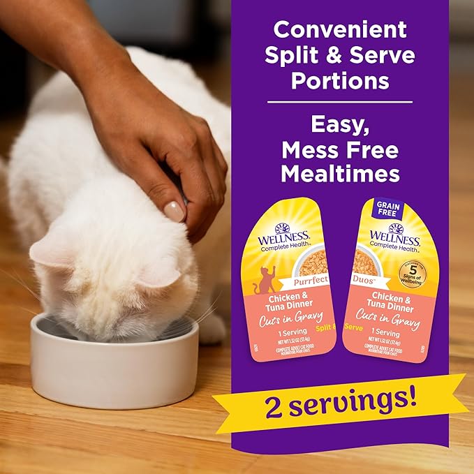 Wellness Complete Health Purrfect Duos Cuts in Gravy Adult Wet Cat Food, Natural, Protein Rich, Grain Free, Chicken and Tuna Dinner Recipe, 2.64 oz, Pack of 12 Split Cups