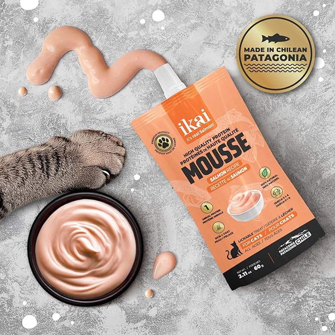 IKAI - Lickable Wet Cat Treats - Patagonian Salmon from Chile, No By-Products, Highly Digestible Protein, with Omega 3 & 6 for Healthy Skin & Glossy Coat - 2.11 oz (16 Pack, Salmon)