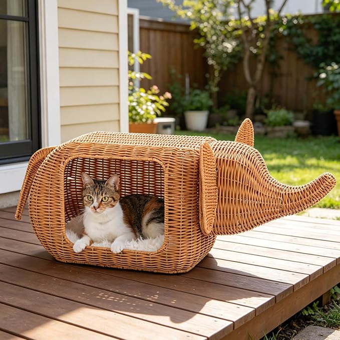 PAWZ Road Elephant Wicker Cat Bed Indoor&Outdoor, Handwoven PE Rattan Cat Condo with Removable Cushion, Breathable Waterproof Pet House Furniture for Indoor Cats