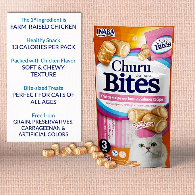 INABA Churu Bites for Cats, Soft/Chewy Baked Chicken Wrapped Churu Filled Cat Treats with Vitamin E, 0.35 Ounces per Tube, 24 Tubes Total (3 Tubes per Pack), Chicken Recipe