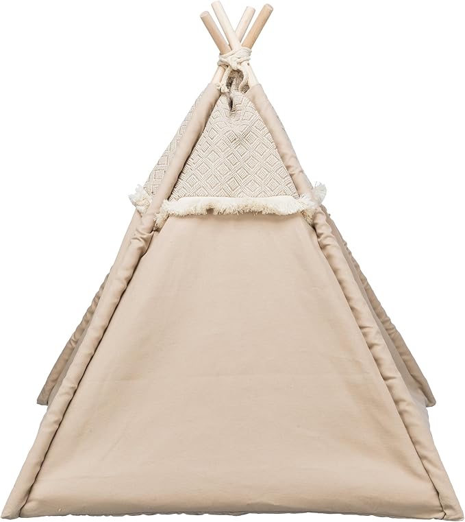 TRIXIE Boho Tipi for Dogs and Cats, Stylish Bed for Cats and Dogs with Reversible Cushion and Tie-Backs, A Perfect Retreat for Kitties and Pups, Beige