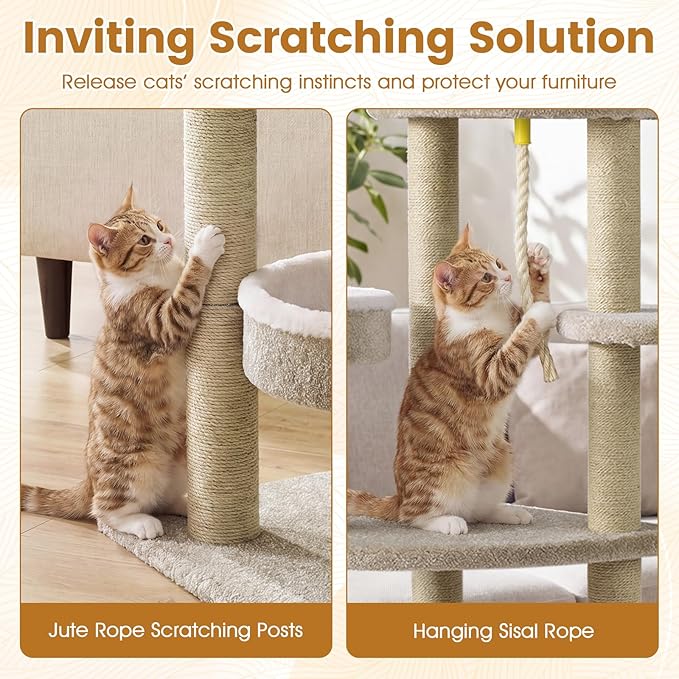 PETSITE 51-inch Modern Cat Tree, Multi-Level Cat Tower with Scratching Posts, 3 Comfy Cat Beds, and Interactive Sisal Rope, Ideal for Indoor Cats and Kittens