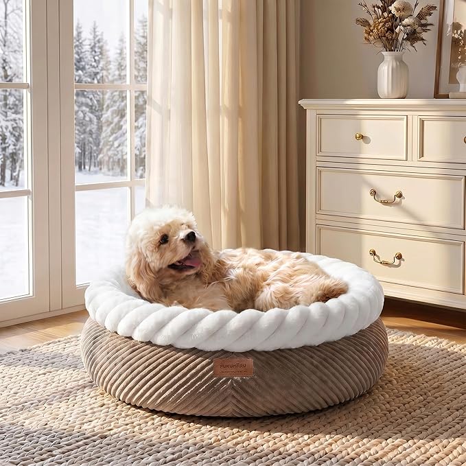FUKUMARU Dog Bed, 25in Large Round Cat Beds, Plush Faux Fur&Corduroy Cat Beds, Cute Round Washable Pet Bed for Large Cats and Small Dogs, Cat Cave with Anti-Slip Bottom, 25inch, Camel
