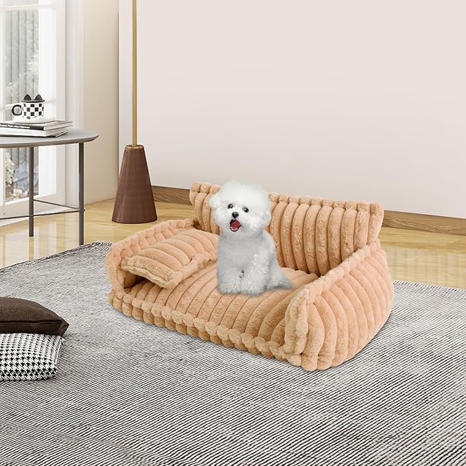 Plush Pet Couch, Soft Cat Bed with Bolster, Comfortable Pet Sofa for Indoor Lounging, Washable Cover, Large Size, Perfect for Medium to Large Breeds (Camel)