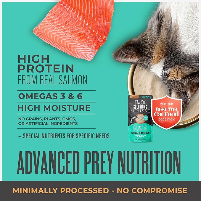 Tiki Cat Solutions Mousse Skin & Coat Mousse, Salmon Recipe, Specially Formulated with Omega Fatty Acids, Functional Wet Cat Food for Adult Cats, 2.4 oz. Pouch (12 Count)