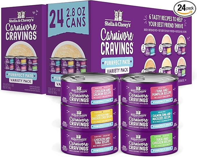 Stella & Chewy's Carnivore Cravings Purrfect Paté - Premium Grain-Free Wet Cat Food - 6 Flavor Variety Pack - High Protein with Bone Broth - Perfect for Picky Eaters - 2.8oz Cans (24 Pack)