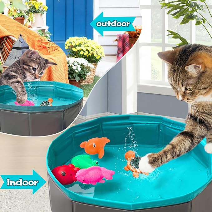 Cat Pool Toy, Water Toys for Cats, Best Cat Toys for Bored Indoor Cats, Hunting Toys for Indoor Catss, Portable Play Mat, Pet Swimming Pool for Self Play Enrichment (1pcs Pool + 6pcs Toy)