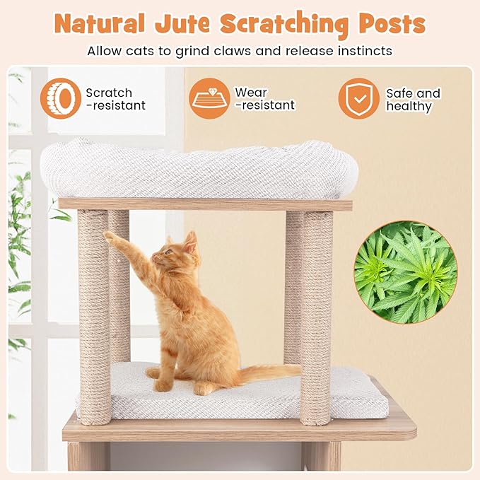 Tangkula Modern Cat Tree, 47 Inch Sports-Themed Cat Tower with Jute Scratching Posts, 2 Cat Condos, Perches, Basketball Hoop Hammock, Removable & Washable Cushions, Multi-Layer Large Wood Cat Tree