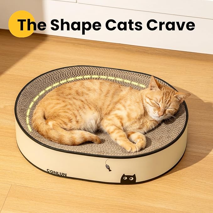 Conlun Oval Cat Scratcher Bed, 2-in-1 Cat Scratching Board, Natural Corrugated Cardboard Scratch Pad Lounge, Sealed Base Traps Debris,No Assembly Kitty Furniture,Stylish Colors Blends Any Home Decor