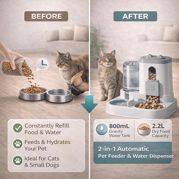 Automatic Dog Cat Feeder – 2-in-1 Cat Food and Water Bowl Set & Dog Food and Water Bowl Set, 800ml + 2.2L Gray