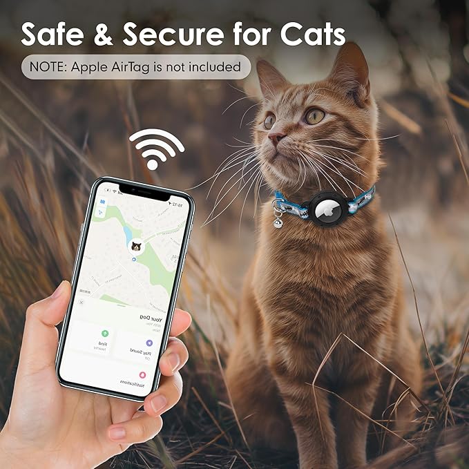 azuza AirTag Cat Collar with Reflective Fish Pattern, Breakaway Safety Collar with Lightweight Design, Apple AirTag Holder and Bells, Adjustable for Cats and Kittens(7-9")
