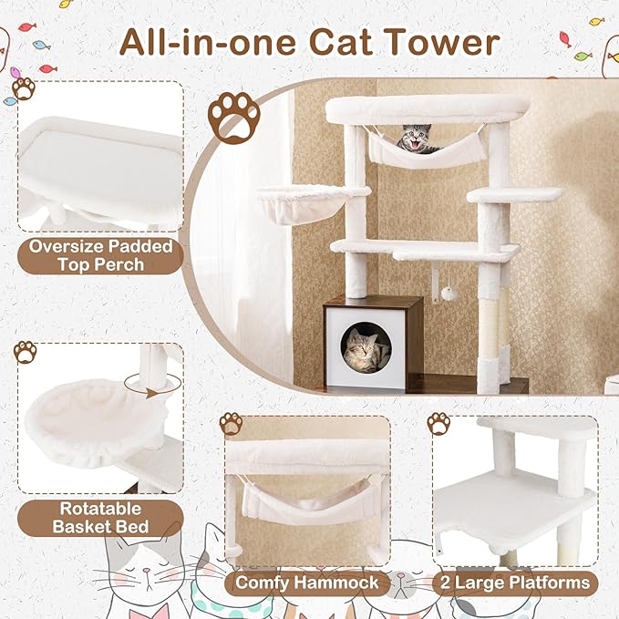 Tangkula Cat Tree with Litter Box Enclosure, Industrial Hidden Litter Box with Cat Tower, Sisal Scratching Posts, Hammock, Hanging Toy and Basket Bed, Condo, Wooden Cat Washroom for Indoor Cats