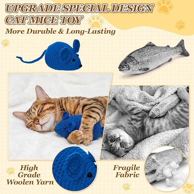 Outus 10 Pcs 3.5inch Crochet Mice Cat Toys Bulk Interactive Cat Mouse Toys Knitted Chew Animals Toy for Indoor Cats Kittens Cleaning Teething Kicker Chasing and Batting