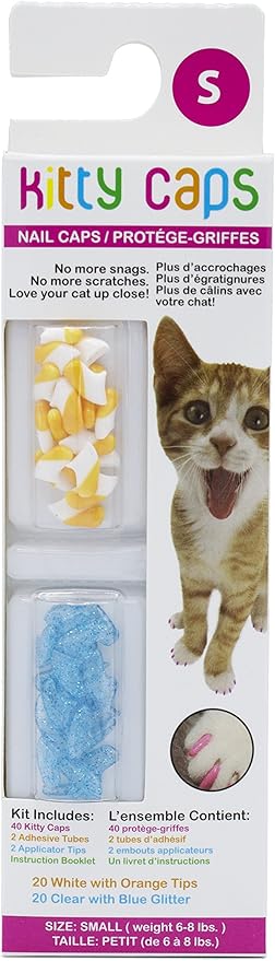Kitty Caps Nail Caps for Cats, White with Orange and Clear with Blue Glitter - Safe, Stylish and Humane Alternative to Declawing, Stops Scratches and Snags, Small 6 to 8 lbs, 40 Count