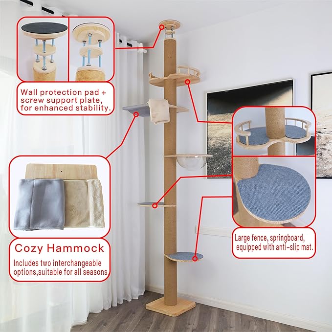 Floor to Ceiling Cat Tree Height (50-120.5in) Adjustable Cat Tower 5 Tier Hemp Scratching Post High Cat Tree Sturdy Activity Tree Indoor Outdoor Cat Scratching Post Activity Center