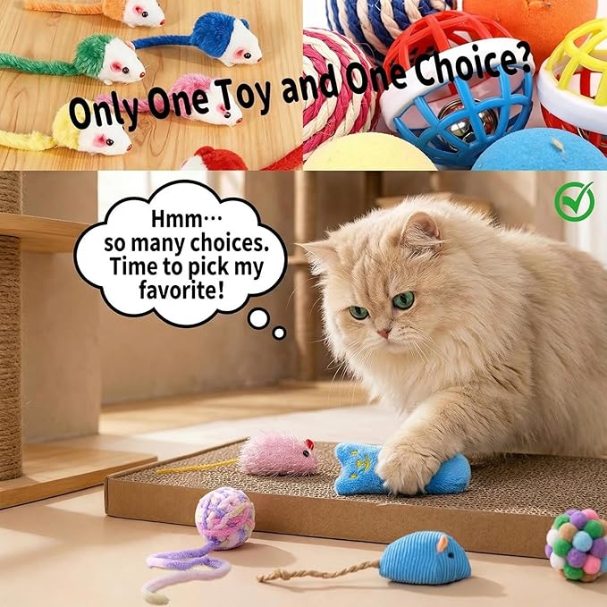 5Pcs Cats Toys Set, Interactive Kitten Toy for Indoor Kitty with Fuzzy Bell Balls Crinkle Catnip-Filled Toys Ball of Yarn Mice for Boredom Relief & Exercise - Mixed Color