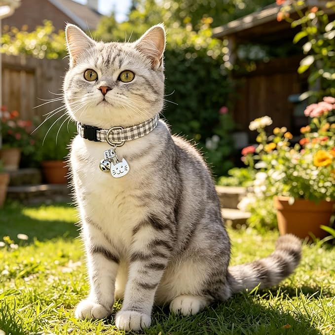 2 Pack Cotton Breakaway Cat Collars with Bell and Charms Beige Solid Plaid Safety Collars for Girl Boy Cats, Cat Head and Paw Pendant Cute Kitten Collars