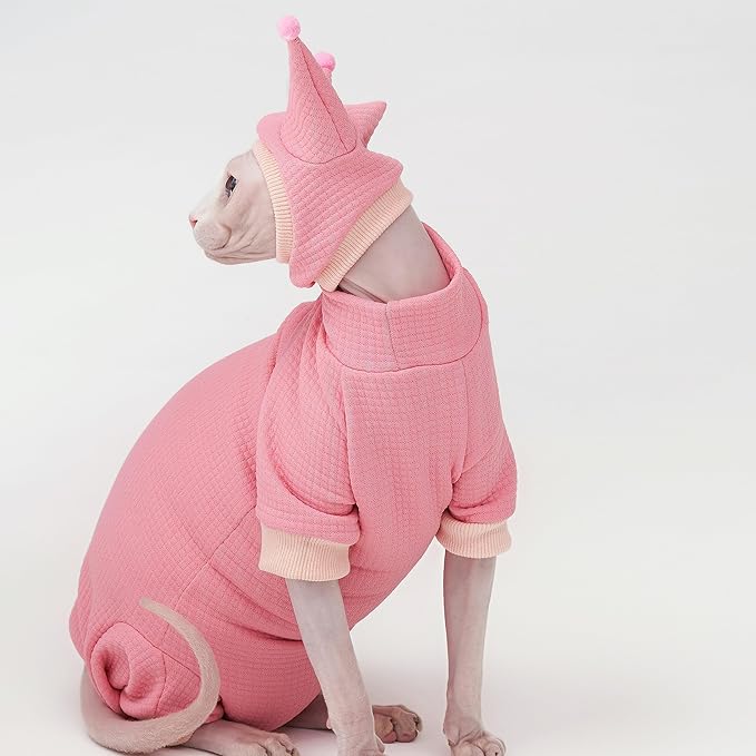 Sphynx Cat Clothes Waffle Pattern Suit, Cute Pet Hat and Shirt Set, Hairless Cat Devon Cornish Pink and Black Suit, (Medium, Pink)
